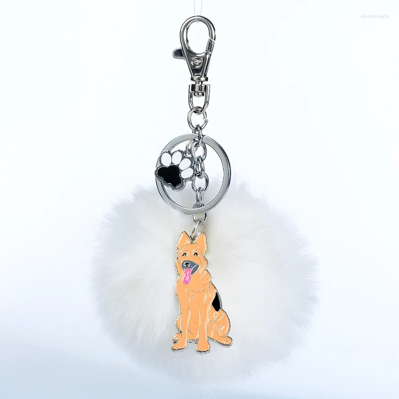 Keychains Fur Pompom German Shepherd Key Chains For Women Men Pom Ball Pet Dog Pendant Bag Charm Keyring Car Keychain Ring