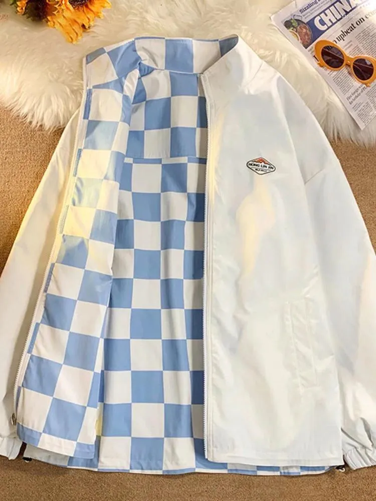 Kurtki męskie szachownica dwustronna kurtka Koreańska trend streetwear unisex miejska vintage wszechstronna płaszcz Kobiety preppy zamek błyskawiczny