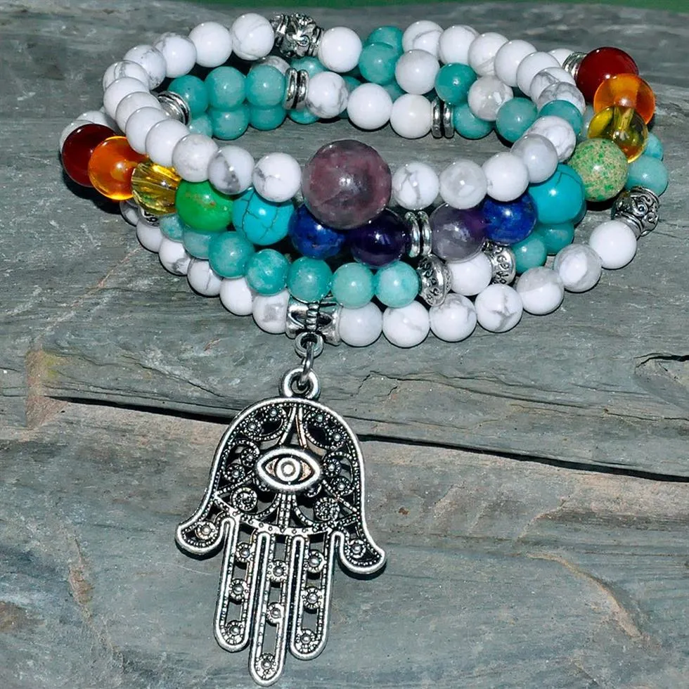 SN0288 Protection 108 perles Mala Bracelet Yoga collier Japa Hamsa pierre naturelle bijoux Chakra Wrap bijoux Whole219H