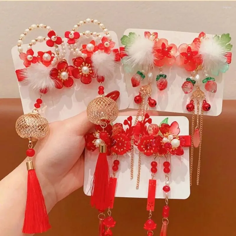 Accessoires pour cheveux, épingle à cheveux rouge pour enfants, nœud floral doux, couvre-chef de l'année chinoise, tissu à nœud papillon Hanfu pour bébé