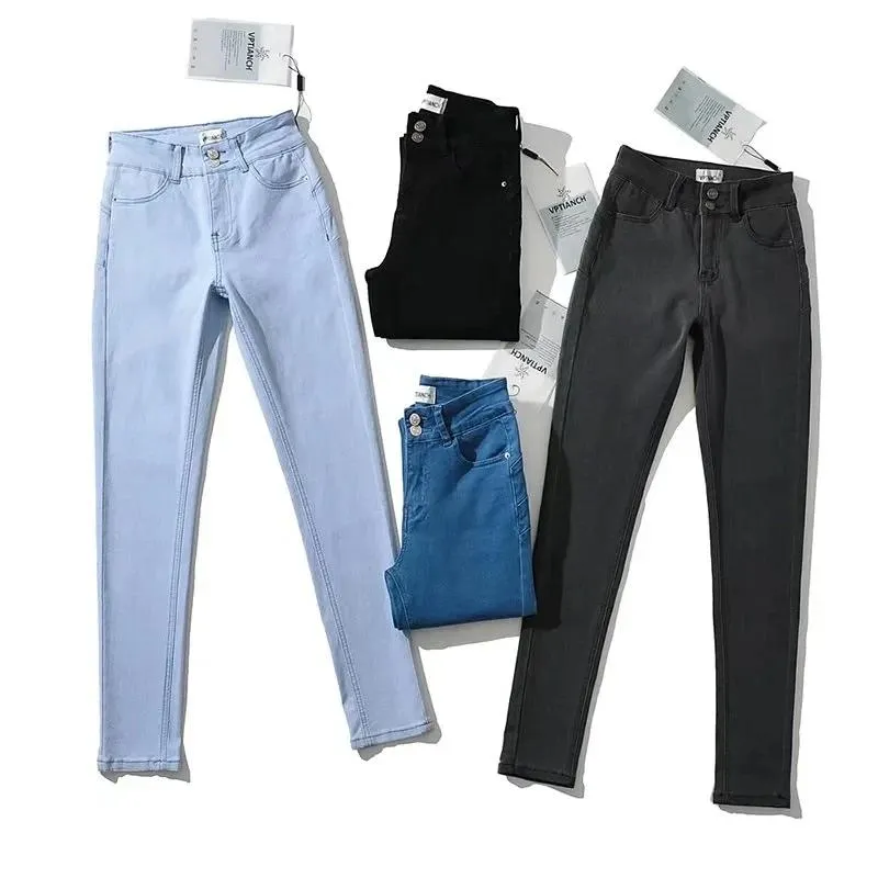 Jeans kvinnors smala jeans sträcker hög midja y2k jeans casual blå blyertsbyxor tätt denim byxor bomullsjeans kvinna