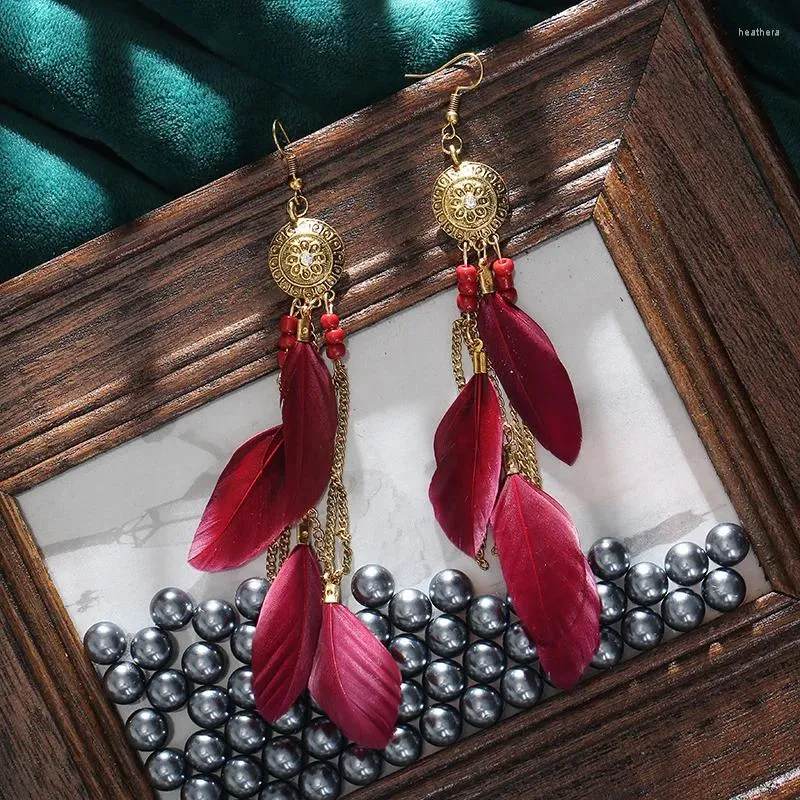 Boucles d'oreilles pendantes Vintage chaîne colorée gland bohème plume bijoux créatifs longs