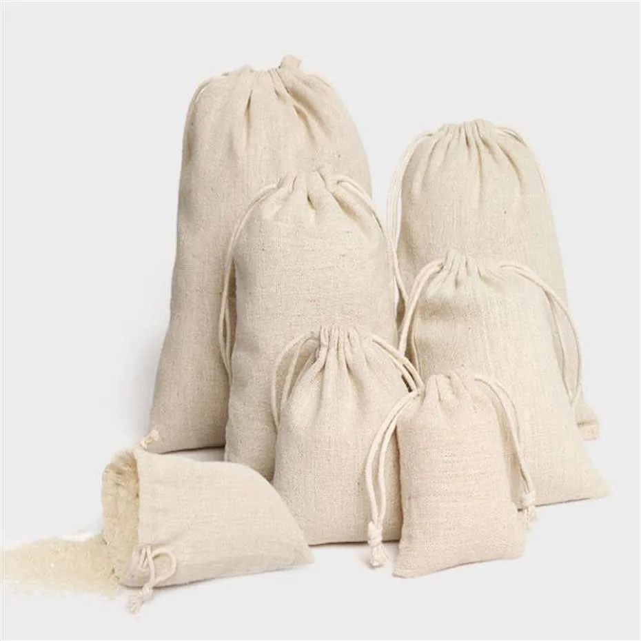 Bolsas de lino con cordón para joyería, 8x10cm, 9x12cm, 10x15cm, 13x17cm, 15x20cm, 20x30cm, saco de dulces para fiesta, bolsas de embalaje de regalo de algodón, 244p