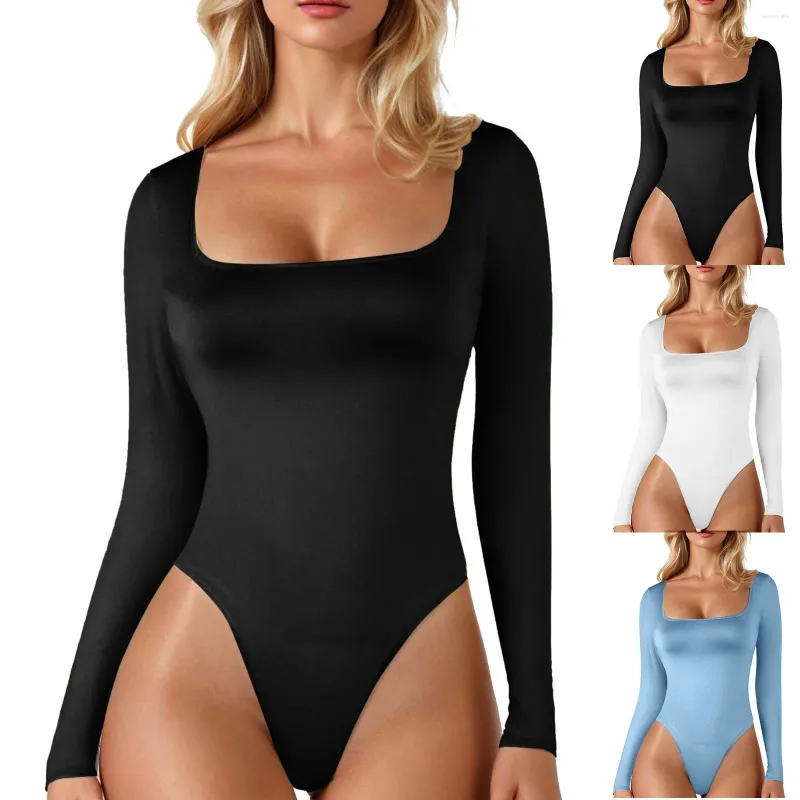 Kvinnors shapers bodysuit långärmad kvinnor kropp streetwear varm sexig bodycon fyrkantig hals mantel crotch grundläggande svarta overaller topp