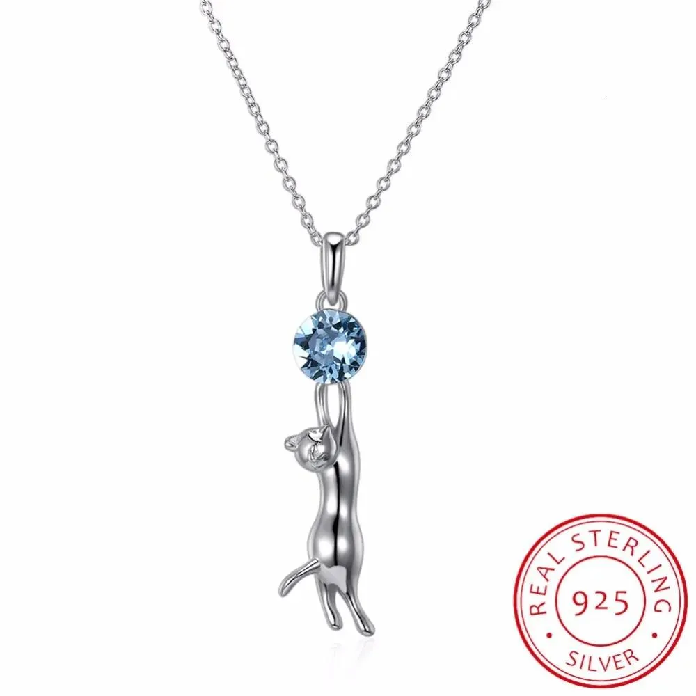 Colares Lekani Cristais Colar 925 Sterling Silver Sexy Cat Crystal Pingente Colar Animal Long Boutique Jóias