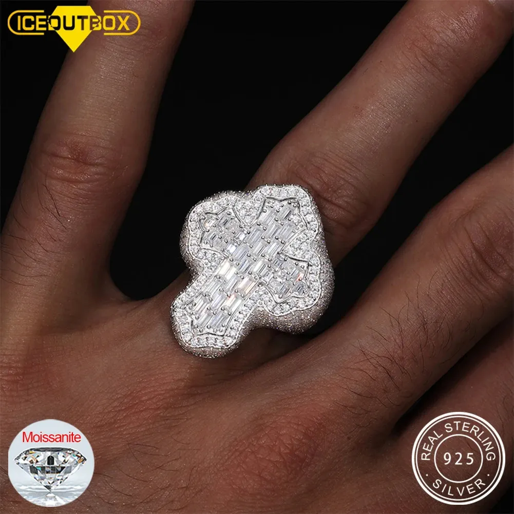 Wedding Rings Baguete Bling Cross Rings For Women Men 925 Sterling Silver D VVS Diamond Ring Pass Tester 231216