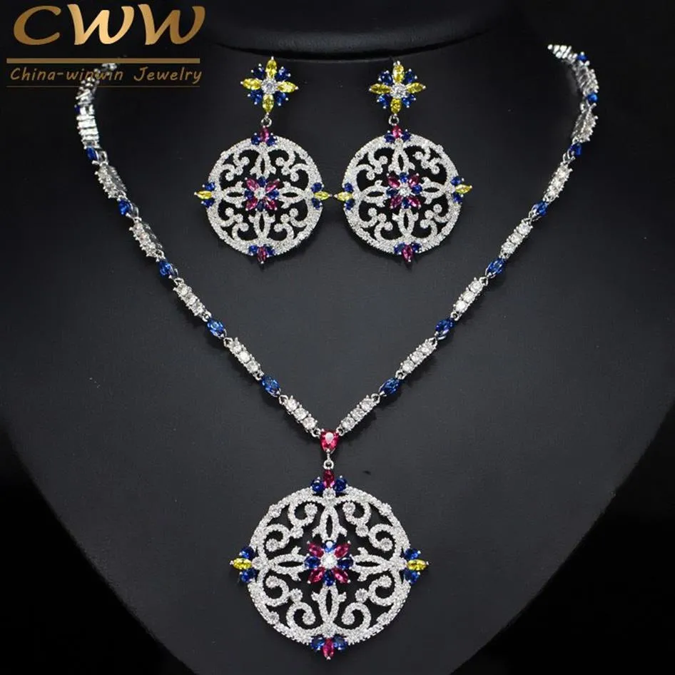 CWWZircons Vintage Afrikaanse Multi Color Zirconia Bruiloft Grote Lange Drop Ketting en Oorbellen Bruidssieraden Set T105 CX2008192v