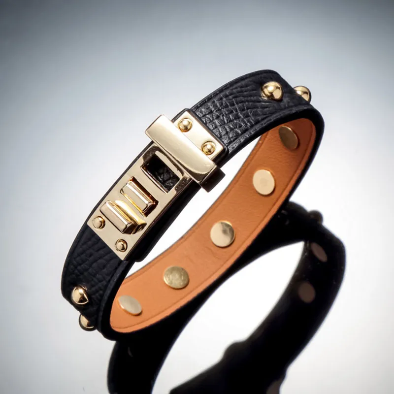 high quality brand jewerlry real leather bracelet for women round rivet stainless steel bracelet