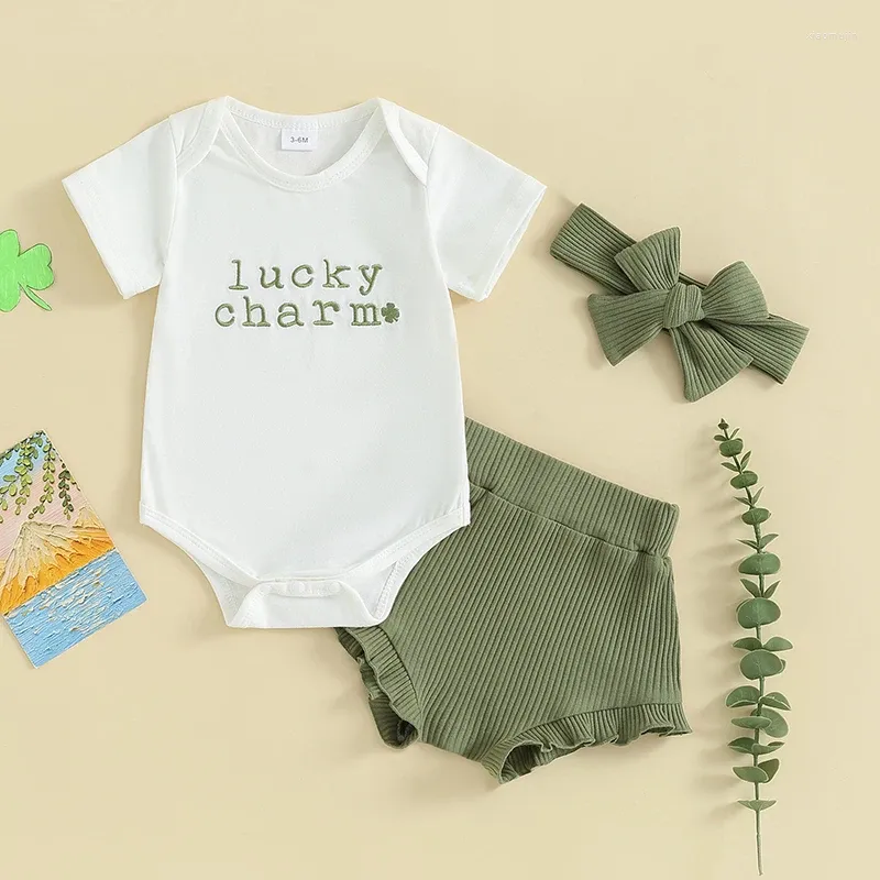 Clothing Sets 2023-11-15 Lioraitiin Born Baby Girl St Patrick's Day Clothes Outfit Four Leaf Clover Short Sleeve Romper Bottom Headband Set