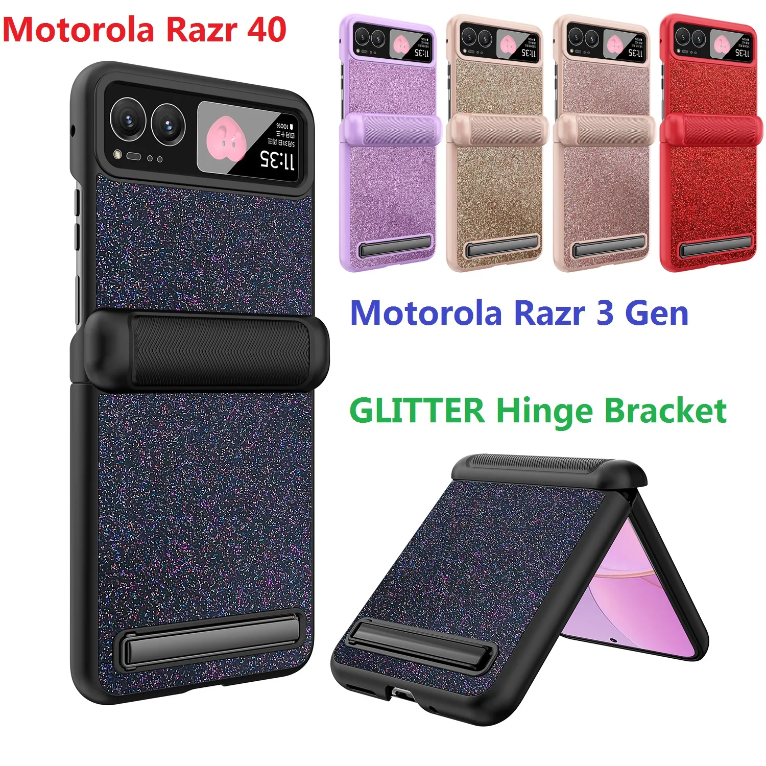 Glitter för Motorola Razr 40 Razr3 3: e gen 3 Case Hard Stand Hinge Lens Glass Film Protect Cover