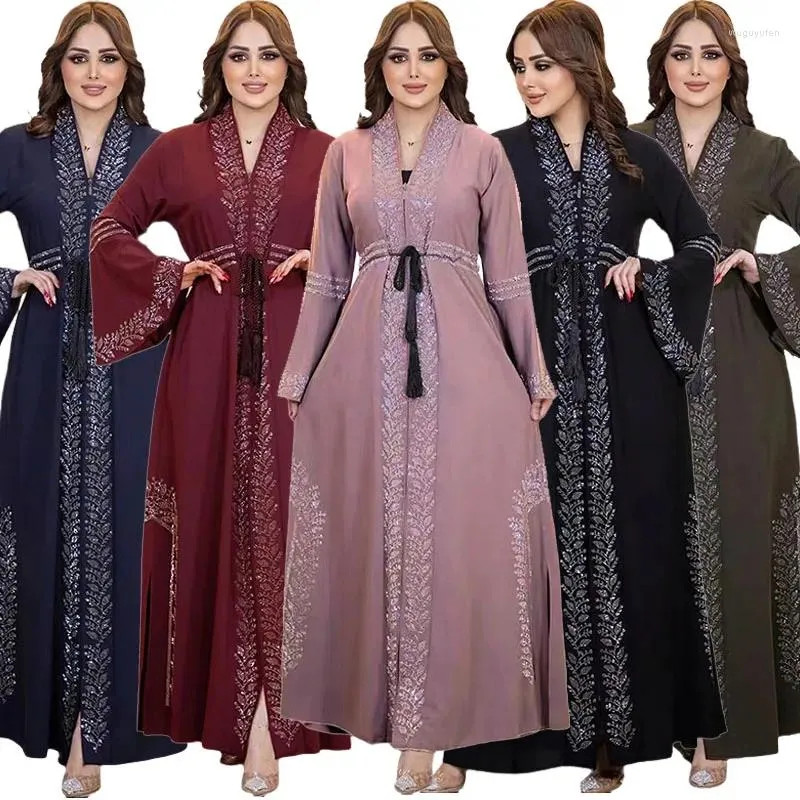 Abbigliamento etnico Eid Party Marocchino Abaya Cerniera aperta Donne musulmane Diamanti Abiti Turchia Arabo Robe Femme Dubai Caftano Ramadan Islam