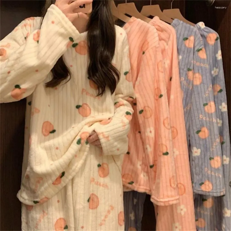 Kvinnors sömnkläder 2 datorer Autumn Winter Warm Flanell Fleecing Women Pyjamas Set Thick Coral Velvet Long Sleeve Cartoon Pyjamas