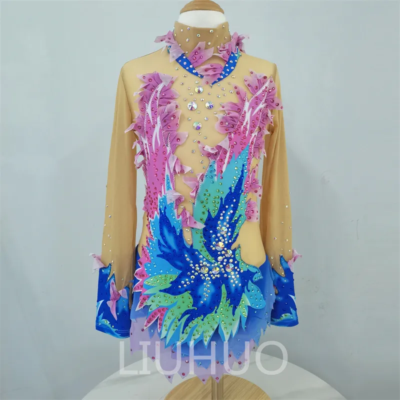 LIUHUO Rhythmic Gymnastics Leotards Pink Three-dimensional Artificial Flower Girl Competition Performance