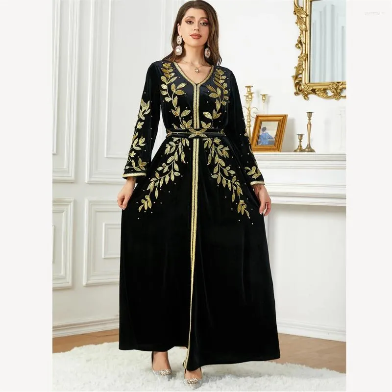 Women's Long Sleeve Embroidered Gold Velvet Evening Dress Women's Long Sleeve Embroidered Gold Velvet Evening Dress