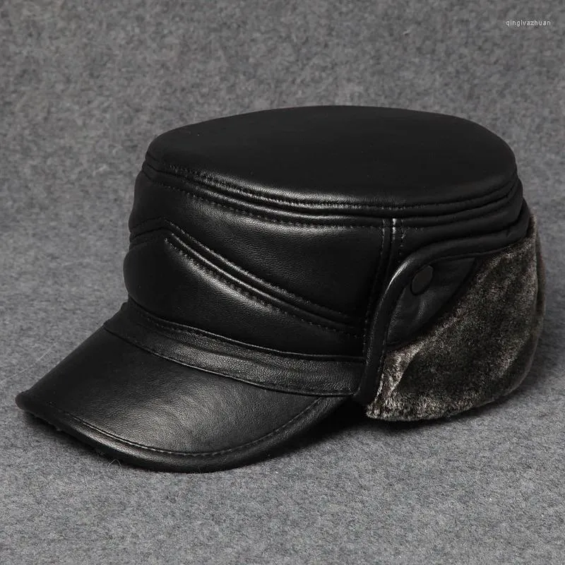 Ball Caps 2023 Men Earmuffs Genuine Leather Faux Fur Baseball Thicken Warmer Winter Male Flat Hats Real Cowhide Gorras B-7227