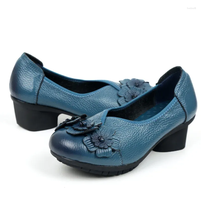 Dress Shoes Chunk Heel Block Pumps Women's Blue Vintage Ladies Slip On Round Toe Woman Comfortable Leather Heeled Mother