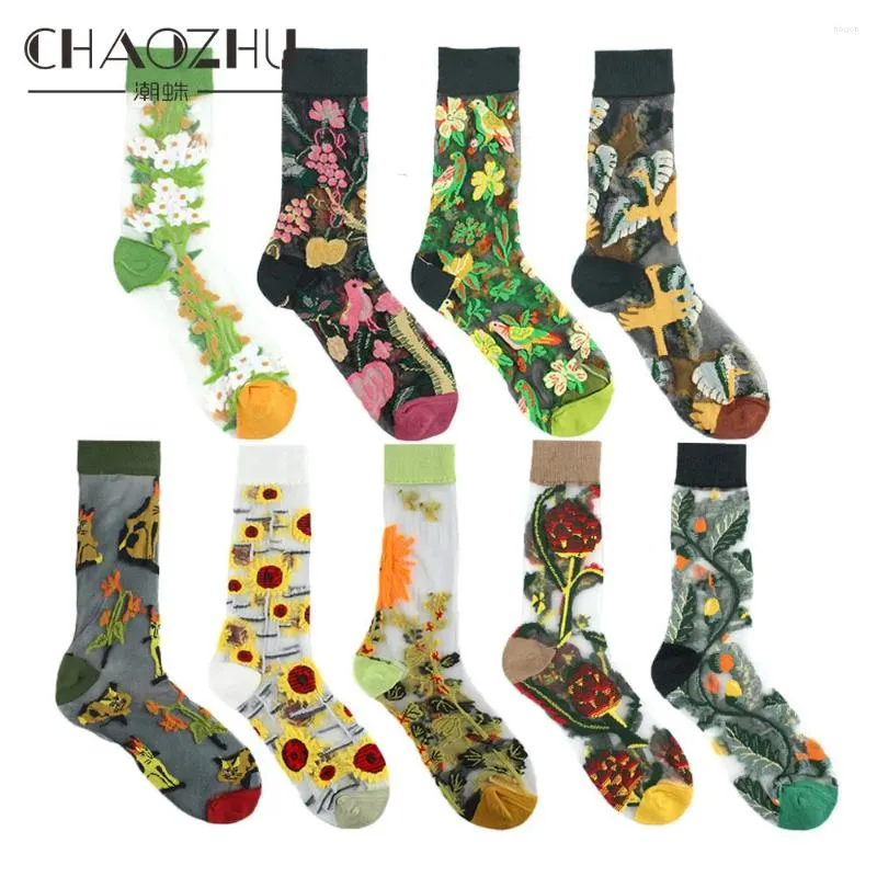 Women Socks Chaozhu 1 زوج يرى من خلال بلور الربيع الصيفي أنماط الأزهار الفنية اللطيفة الحلو حرير خرطوم شفاف سيدة جميلة الخوخ