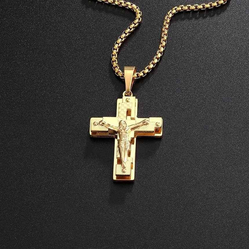 Hip Hop Rock Christian Jesus hollow cross Stainless Steel Gold Necklace Pendant For Men Male Punk Gothic jewelry259a