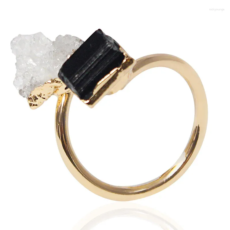 Cluster Rings Irregular Druzy Stone Black Tourmaline Open Ring Golden Handmade Crystal Finger Jewelry Adjustable Size