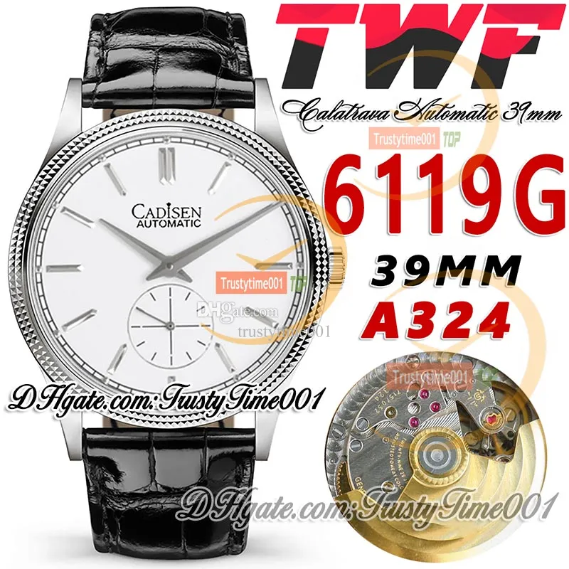 TWF Calatrava 6119G A324 Otomatik Erkekler İzle 39mm Yivli Çerçeve Beyaz Faydalı İşaretler Paslanmaz Çelik Kılıf Deri Kayış Süper Edition Trustytime001Watches