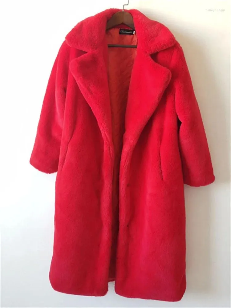 Pelliccia da donna 2023 Cappotto invernale Donna Colletto del vestito Lungo allentato Sottile Spessore Calore Imitazione Abbigliamento di alta qualità Feminina Rosso Rosa