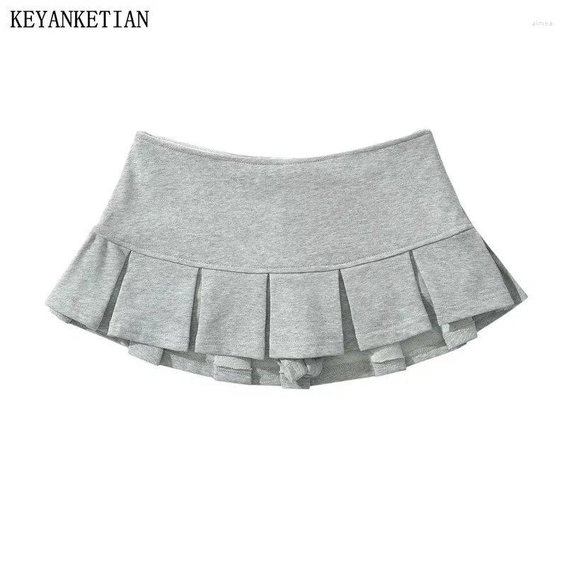 Skirts KEYANKETIAN Women's Terry Fabric Low Waist Y2K Mini Skirt Wide Pleat Decoration Light Grey Flounce A Line Skort Sweet