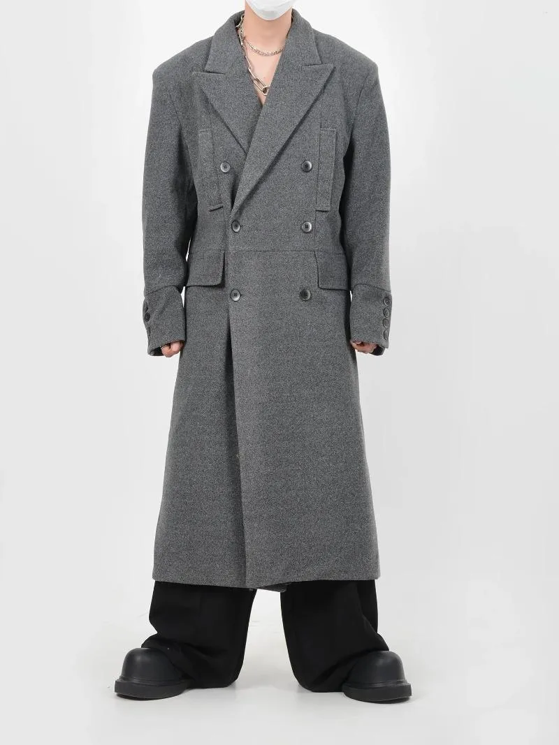 Men's Jackets Avant-Garde Style Clothes Shoulder Pad Wool Overcoat Casual Long Over Knee Trench Coat Autumn And Winter