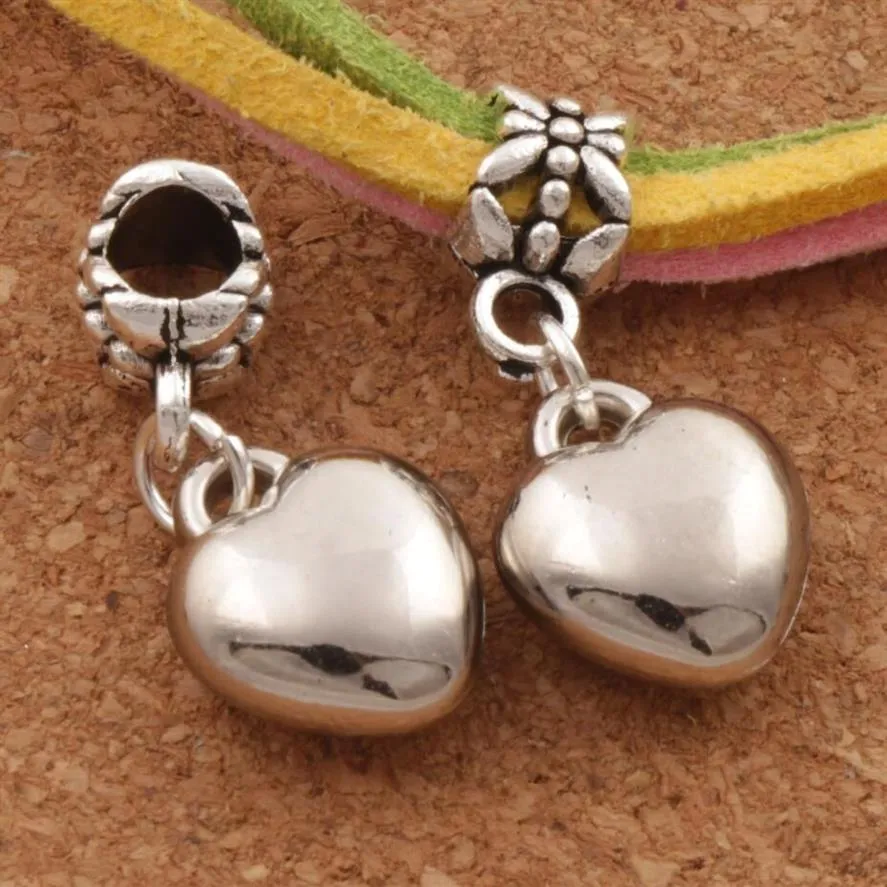 Lot de 100 perles en alliage de cœur aimant, grand trou, nouveau, argent Antique, adapté au bracelet à breloques européen MIC2839