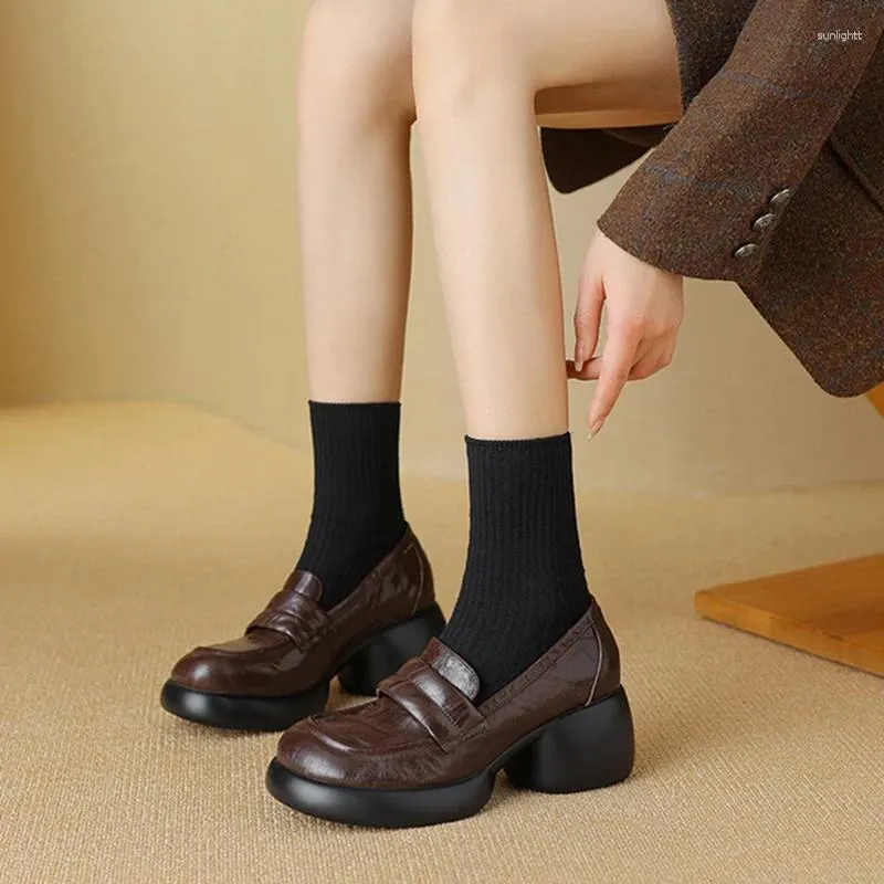 Модельные туфли, весенне-осенние женские туфли-лодочки из натуральной кожи, лоферы с круглым носком, женская платформа на массивном каблуке