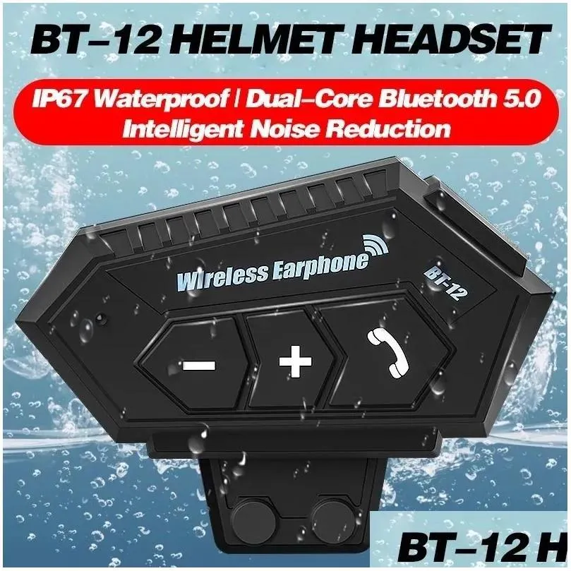 Intercom Motorcykel Intercom BT12 12S Hjälm trådlös Bluetooth 5.0 Hörlurhänder Huvudstere Stereo Music Antiinterference Waterproof Drop Drop