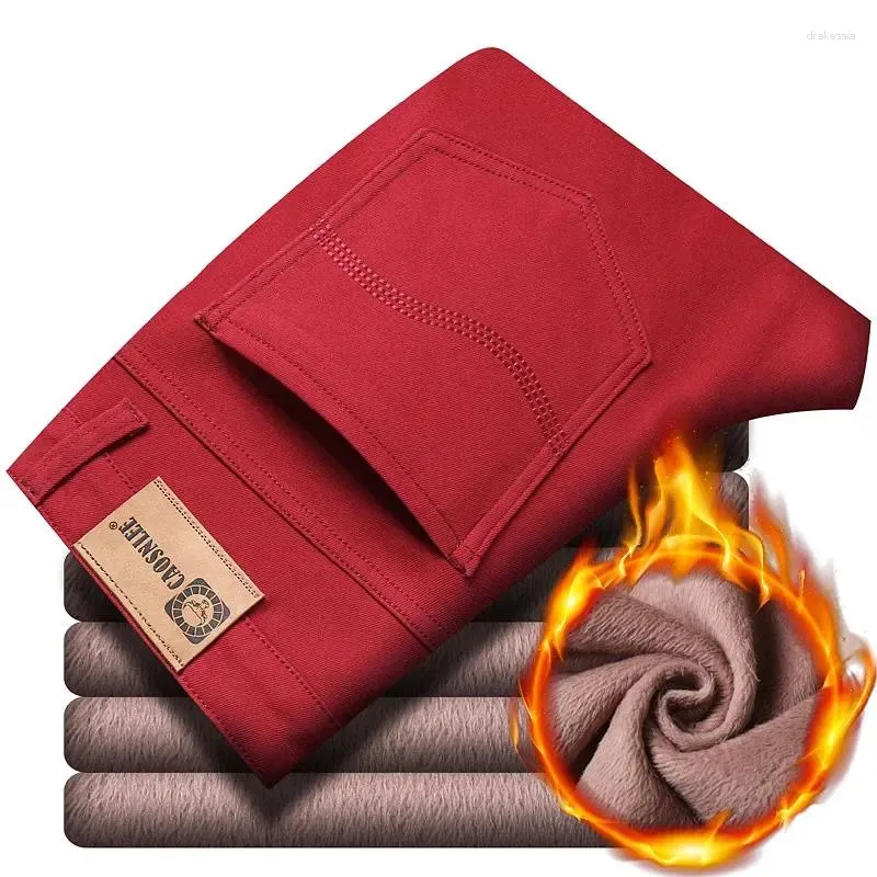 Calças de brim masculinas estilo clássico vinho vermelho inverno moda negócios casual fino ajuste em linha reta lã quente calças jeans masculino marca