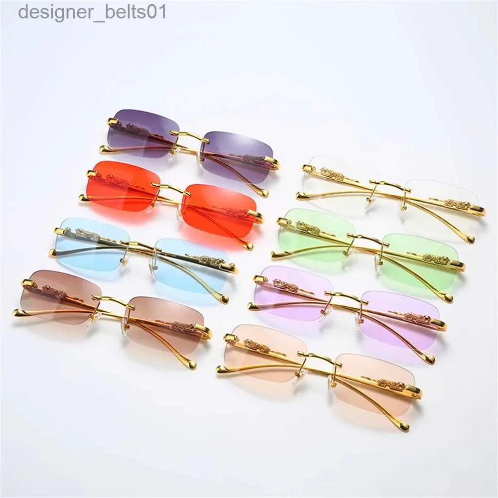 Sunglasses New Rimless Rectangle Vintage Metal Leopard Head Sunglasses Fashion Frameless Tinted Glasses Shades For Women Men 2023 EyewearL231218