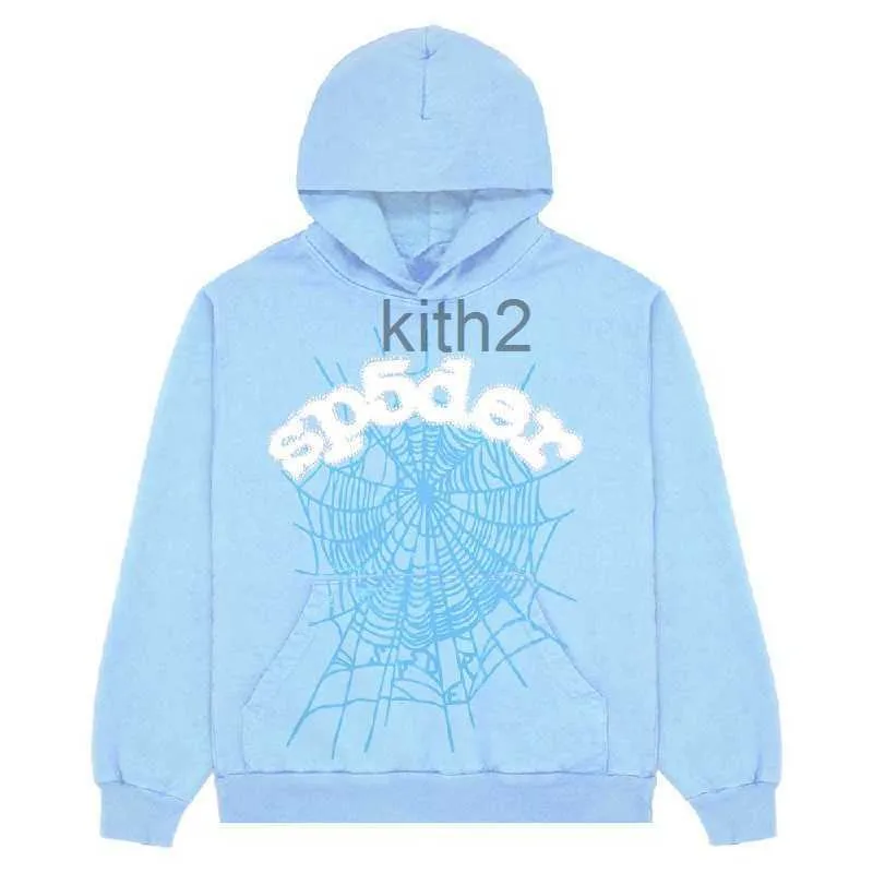 2023 Sp5der 555555 Hoodies Mens Womens Angel Number Puff Pastry Printing Graphic Spider Web Sweatshirts Streetwear Top Clothing Light Blue D0QT