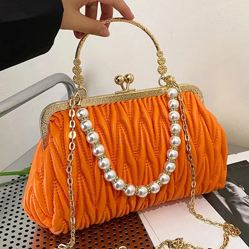 Evening Bags Fashion Women Orange Green Shoulder Prom Clutch Pearl Chain Crossbody Female Chic Pu Leather Handbags And Purse 231218