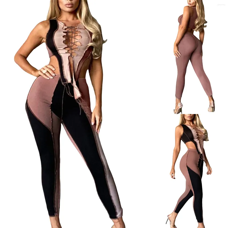 Women's Two Piece Pants Women Sexy Two-piece Clothes Set Variegated Color Hollow Out Vest And Close-fitting Casual Suit