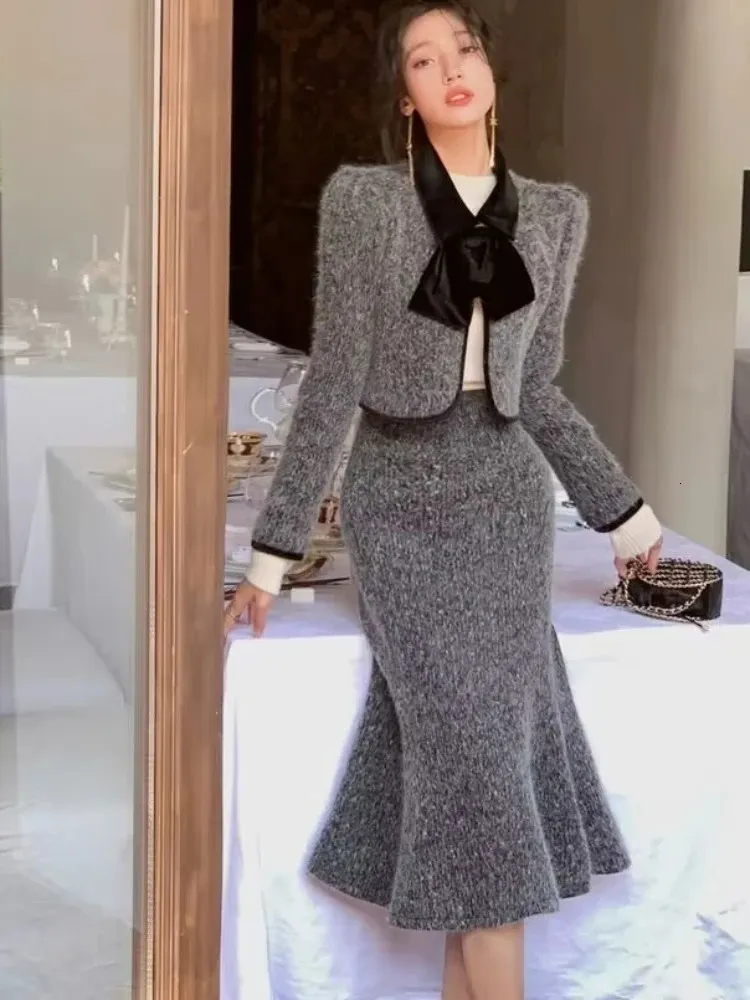 İki parçalı elbise kadın sonbahar kış küçük koku fransız haute couture yay kısa blazer etek balık kuyruğu etek iki parçalı set kadın kıyafetler 231218