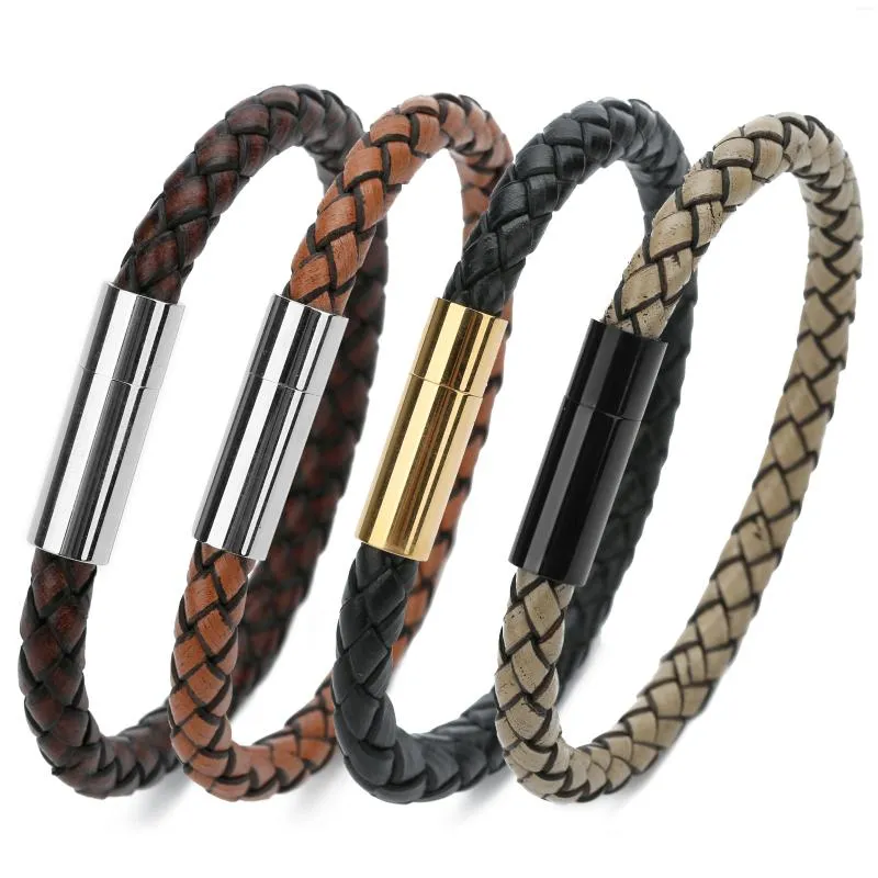 Strand 1pc 20cm Trendy Stainless Steel Leather Straight Pipe Threaded Magnetic Buckle Genuine Bracelet For Couple Jewelry Gifts