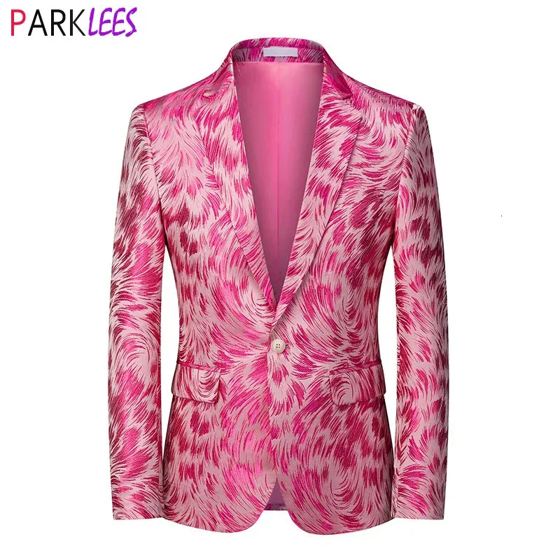 Costumes pour hommes Blazers Élégant motif de plumes rose Blazer veste hommes un bouton revers costume veste hommes mariage marié fête bal Blazer Hombre 6XL 231216