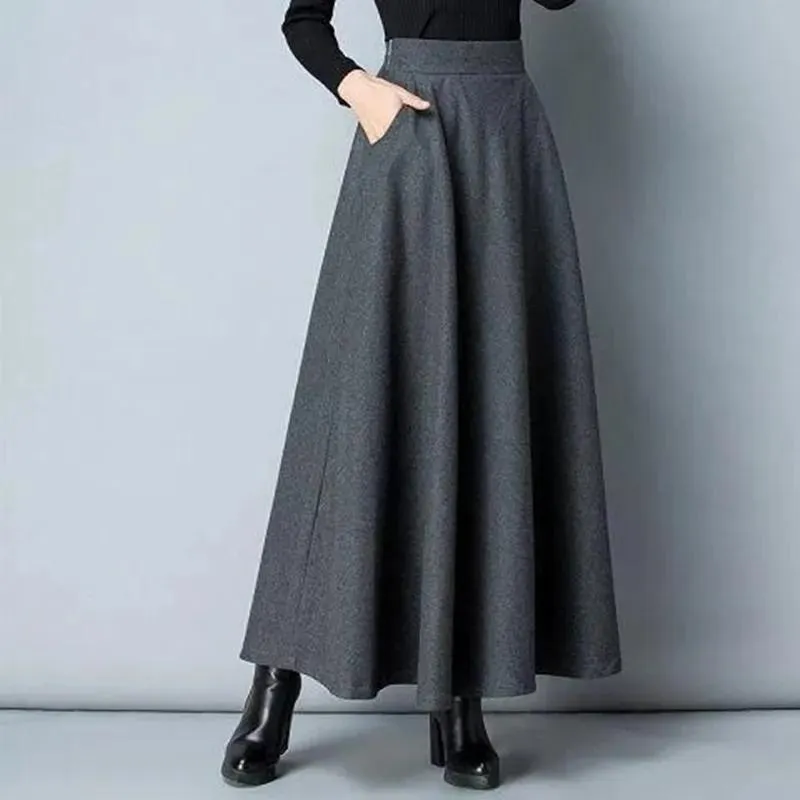 Pantalon hiver longue laine jupe plissée épais chaud femmes taille haute grande taille élastique Aline Maxi jupes vin rouge noir gris