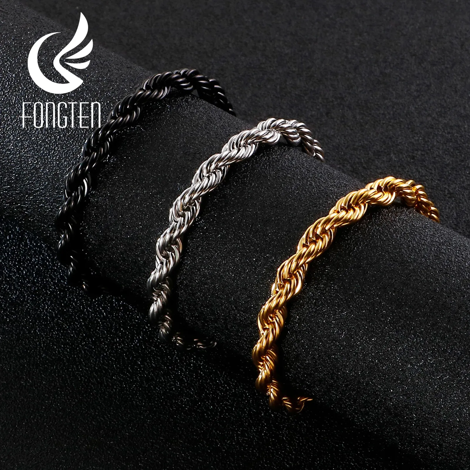 Bangle Fongten 8mm Twisted Chain Bracelet For Men Stainless Steel