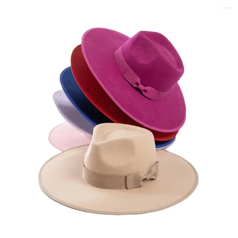 ベレーツ11cmビッグブリムクラウントップウールフェドーラ帽子弓の装飾リボン女性男性ジャズフェルトキャップ凹型形状パーティーウェディングショッピング