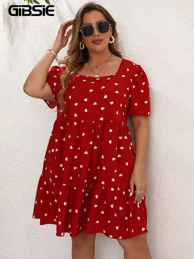 Dresses GIBSIE Heart Print Puff Sleeve Ruffle Hem Dress Plus Size 3XL 4XL Women Holiday Casual Boho Summer Mini Dresses Women Clothing