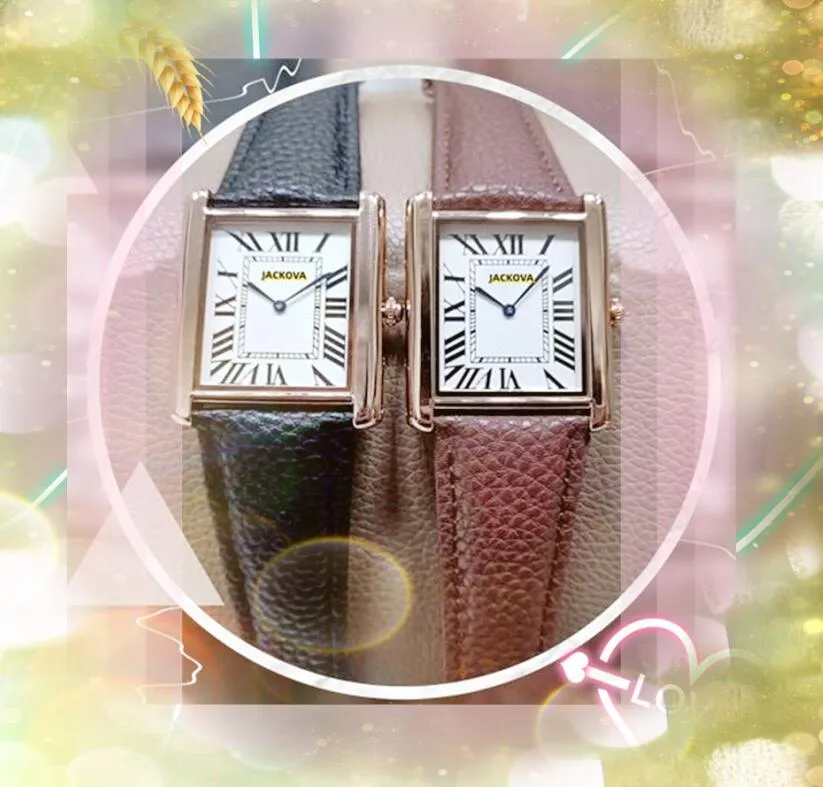 Couples Square Roman Tank Series Montres 34MM 28MM Boîtier en acier inoxydable Bracelet en cuir véritable Horloge Mouvement japonais Batterie à quartz Super Femmes Hommes Montre Cadeaux