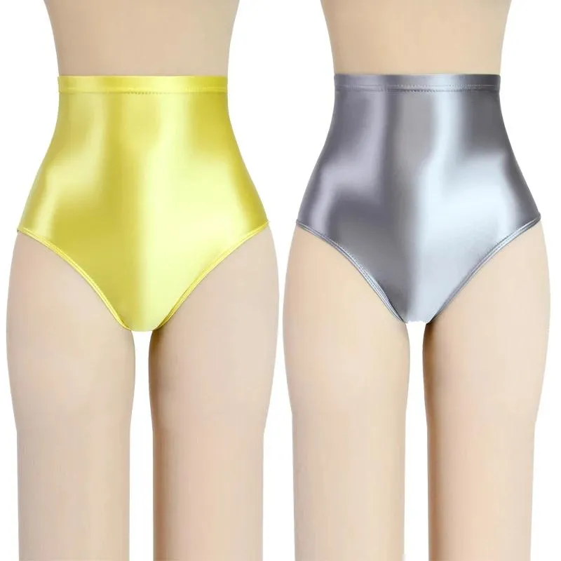 Conjunto Sexy gloss Briefs Bikini Bottoms com Nádegas Maiô sedoso tamanho grande super cintura alta meia-calça cueca sunga oleosa