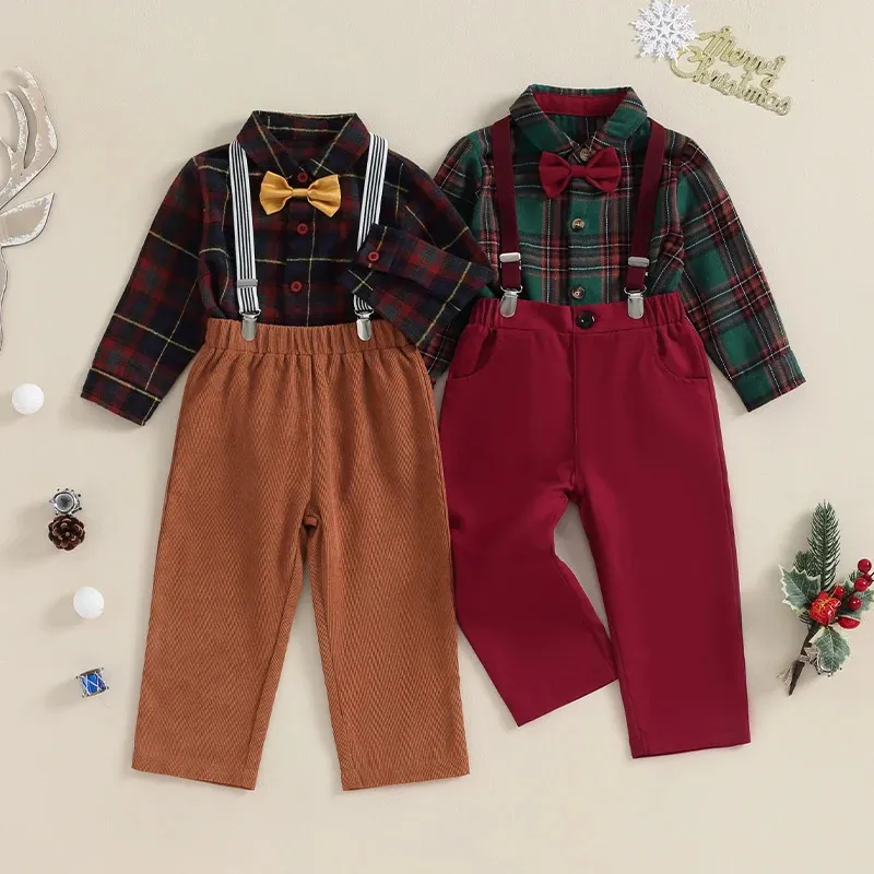 Rompers 2023 10 20 LIORITIIN 1 7y Kids Boys Christmas Outfit Plaid Bowtie Lapel Button Down Shirts Topps Solid Suspender Pant 2st 231218