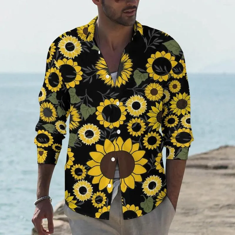 Chemises décontractées pour hommes tournesol homme fleurs mignonnes chemise à manches longues mode chemisiers esthétiques automne vêtements imprimés grande taille