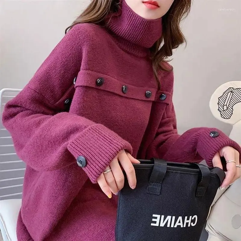 Kadın Sweaters Casual Belktleneck Örgü Dişi Giyim Sonbahar Kış Koreli Vida İplik Moda Patchwork düğmesi gevşek jumper'lar