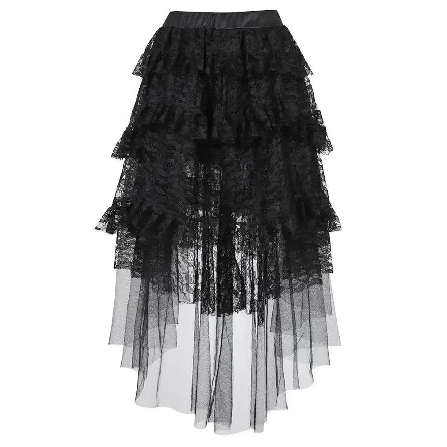 Dresses Black Sexy Lace Skirt Women Layered Pleated Skirt Gothic Asymmetrical High Low Ruffle Tulle Long Skirts Plus Size Xs6xl