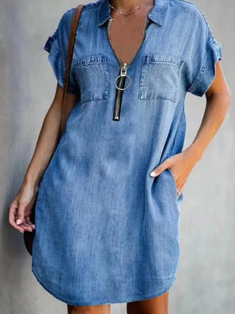 Urban Sexy Dresses Summer Casual Fashion Kort ärm Stäng av krage dragkedja Löst klänningsimitation Denim ovanför knä mini kjolar 231218