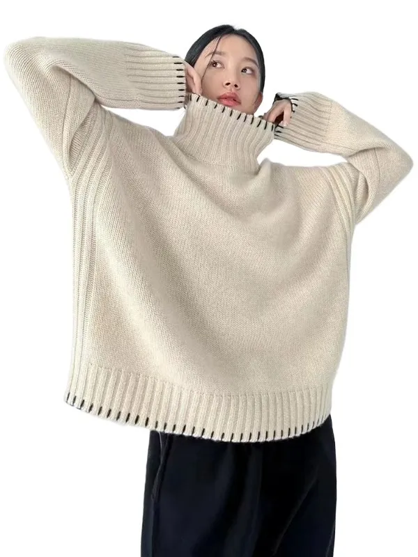 2024 Cashmere Pullover النسائية: غرز يدويًا ، عصريًا ، ملاءمة فضفاضة ، طراز رياح كسول. الياقة المدورة ، متماسكة سميكة ، ملابس خارجية من الصوف بألوان عصرية. الأحجام: S ، M ، L ، XL ، XXL